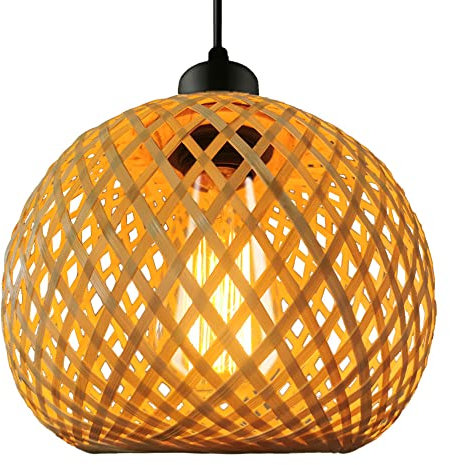 EcoJen Abat-jour Suspendu En Bambou Boho, Lustre En Osier Tissé À La Main Pour Restaurant Lampe À Suspension À Tête Unique Panier Vintage pour Entrée E27, Balcon, Lanterne De Café