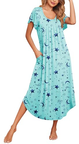 Ekouaer Long Nightgowns for Women with Pockets Short Sleeves Moo Moos for Women Casual House Dresses Star Print 3XL