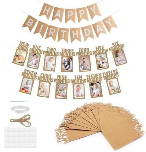 1 ° Bandiera Fotografico di Compleanno, Banner Fotos 1 Cumpleaños, Guirnalda de Fotos Primer Año, Pancarta Guirnalda de 1 a 12 Meses, Pancarta de Fotos Colgante 12 Tarjetas de Papel Kraft