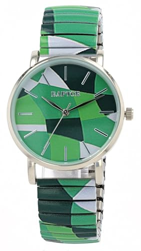 Raptor Colorful Edition Ausgefallene Damenuhr Bunt | Armbanduhr Damen außergewöhnlich mit Zugarmband | Besondere Damenarmbanduhr – Modische Uhr Frauen Senioren (grün weiß)