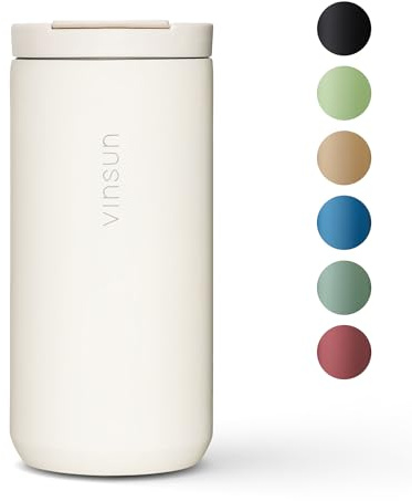VINSUN Travel Mug 380ml - Stainless Steel, Leakproof, Double Walled - Hot & Cold Drinks - Cream White Coffee Mug with Lid for Travel, Car, University