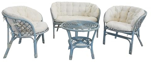 fantasie d oriente Salotto vimini rattan naturale da esterno giardino 4 posti con cuscini, colore azzurro decapato