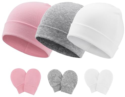 DRESHOW Gorro y Guantes para Bebé Recién Nacido, Gorro para Bebés Niños, Gorros para Niñas de 0 a 6 Meses, Talla Única, 3 Sets T04: Cotton Hats & Mittens, Color Unisex