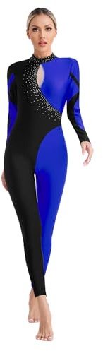Jhaoyu Women Long Sleeve Shiny Rhinestone Gymnastics Leotard Full Length Figure Skating Jumpsuit Bodysuit Catsuit Blue S