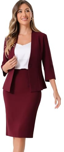 Allegra K dam business kjol kostym set 2-delad kontor arbetskläder krage lös kavaj pennkjol, Mörkröd, L