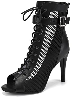 VCIXXVCE Stivali da Ballo Latino Americano Donna con Punta Aperta Nero Scarpe da Ballo con Tacco Alto, 38 EU