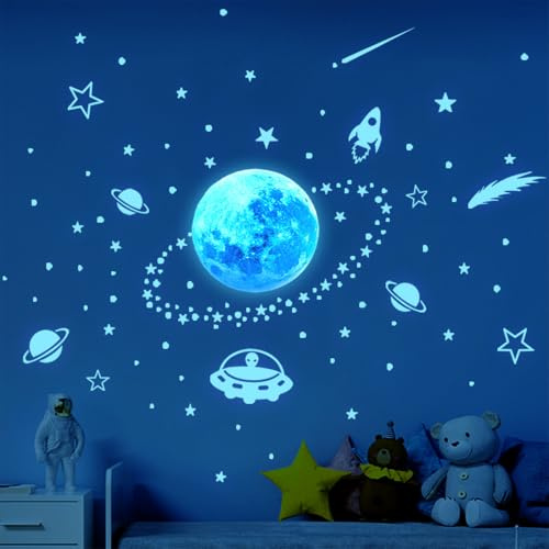VYZUTR Leuchtsterne Kinderzimmer Sterne Leuchtend Selbstklebend Wandsticker Wandaufkleber Kinderzimmer Junge Mädchen Kinder Mond Astronaut Leucht Aufkleber Schlafzimmer Wohnzimmer Wandtattoo