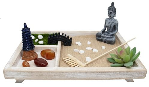 La Casa Degli Incensi - Giardino Zen da Tavolo con Sabbia, Sassolini e Statuine Decorative, Misure 26x20 cm