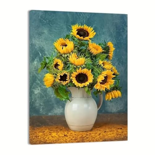 NXMYDBD Leinwandbild, Ozean-Hintergrundfarbe, Sonnenblumenvase, Gemälde auf Leinwand, Wandkunst, Poster und Drucke, modernes Kunstwerk, 20 x 30 cm (8 x 12 Zoll), ungerahmt