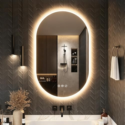 S'bagno badrumsspegel med belysning 50 x 80 cm, oval badrumsspegel med belysning och Bluetooth, dimning, 3000 K/4000 K/6500 K, IP44-badrumsspegel med ljus och minnesfunktion, horisontell/vertikal