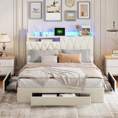 KeepGoon Doppelbett 140 x 200 cm, Polsterbett mit LED und USB-Ladefunktion, Kopfteil mit Stauraum, Schubladenbett, Stauraumbett, Samt, 3 schublade, Jugendbett