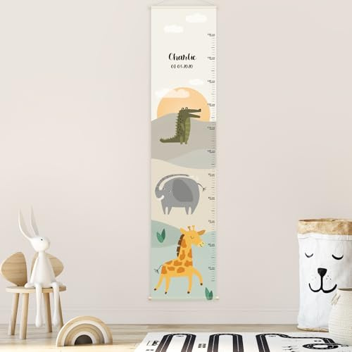 Gutmarkiert Messlatte für Kinder Safari-Design - Name & Geburtsdatum | Süße Wachstumstabelle aus Papier zum Aufhängen - fürs Baby- und Kleinkinderzimmer - für Jungen und Mädchen