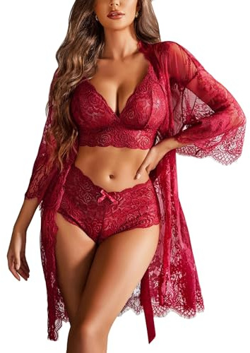 Avidlove Ensemble De Lingerie Sexy 3 Pièces Chemise De Nuit pour Femme | Sous-vêtements en Dentelle Nuisette Femme Nuit 3 pièces avec Robe Pour La Saint-Valentin et Noël
