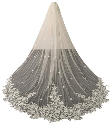 AiberLisha Brautschleier mit Perlen-Blumenmuster, Kathedrale, Hochzeit, mit Metallkamm, Elfenbein, Cathedral length:118inch(300cm)