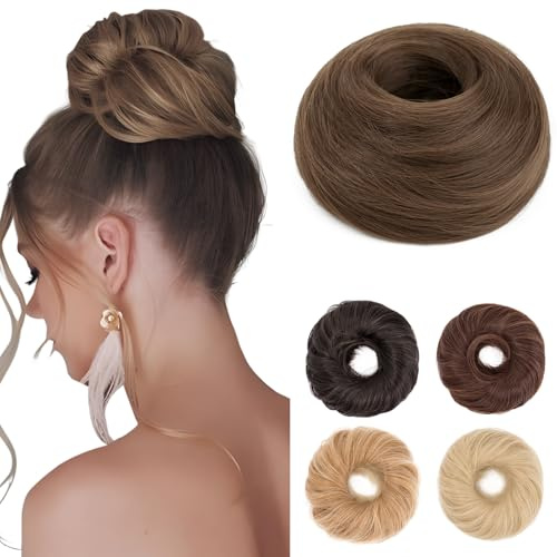 Benehair Haarteil Mit Gummiband Dutt Haarteil Haargummi Mit Haaren Synthetisch Haarverlängerung Haardutt Messy Bun für Damen Mädchen(Helles Goldbraun, 55g)