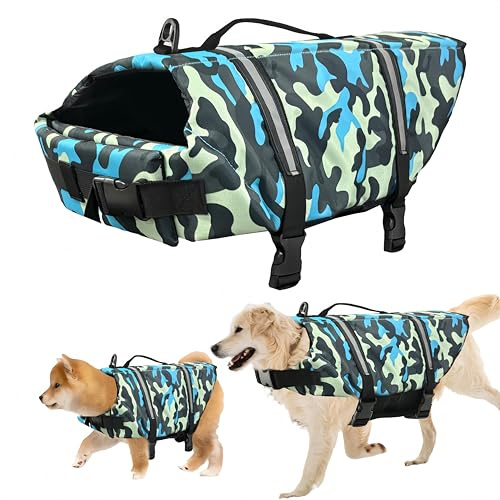Giubbotto di Salvataggio per Cani, FainFun Giubbotto di Salvataggio per Cane Arancia, Giubbotto Salvagente per Cane, di Dimensioni Regolabili, con Forte Galleggiamento e Maniglia (Blu C, L)