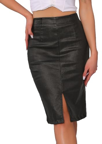 Allegra K Falda Midi Metalizada para Mujer Fiesta Cintura Alta Brillante Ajustada Lápiz Negro L