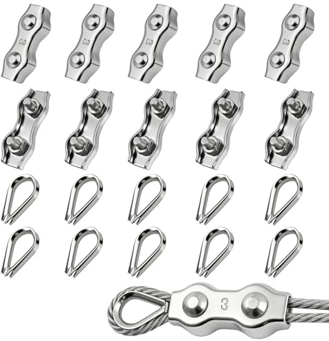 20 Stück Drahtseilklemme M3 | Edelstahl 304 Seilklemme mit 10 Drahtseilklemmen und 10 Drahtseil Kauschen für Wäscheleine, Spanner, Markise