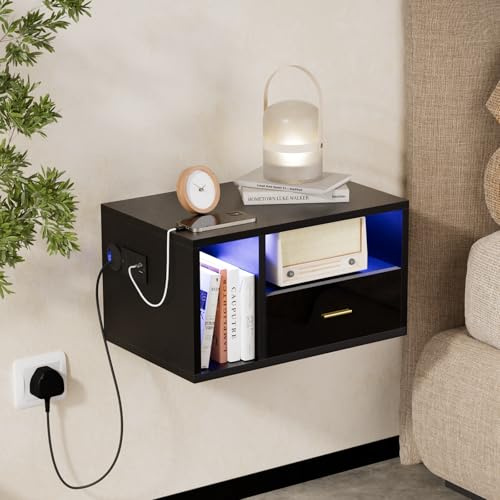 Ztexkee Floating Bedside Table with Power Socket LED Wall Mounted Nightstand with 1 Drawer and 2 Compartment Bedside Tables for Bedroom Living Room Black