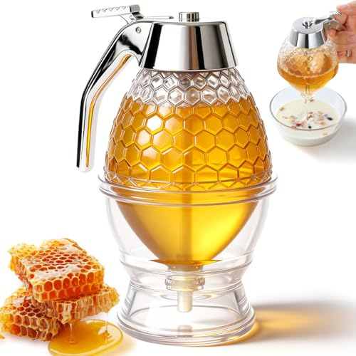 Betrynidil Dispensador de Miel,Jarabe Dispensador,Dispensadors Miels con soporte,Tarro de miels antigoteo,para Servir Miel y Almíbar (200ML)