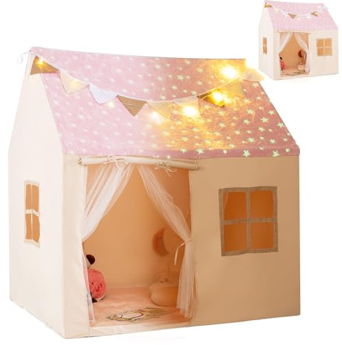 HOMASIS Tienda de Campaña Infantil de Interior, Casita de Juegos con Luces de Estrellas, Alfombra, Banderín y Ventana,Tienda de Princesa Fluorescente para Niños de 3+ Años, 119x104x129cm, Rosa