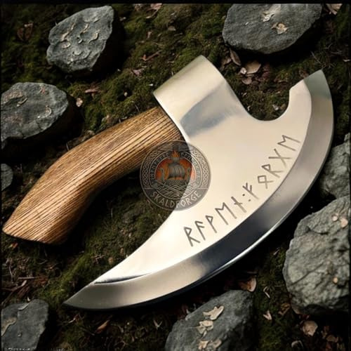 Viking Pizza Cutter Axe with Leather Sheath, Rune Engraving Carbon Steel Blade with Ash Wood Handle, Pizza Slicer Unique Tool for Kitchen & BBQ, Best Gift for Men and Women