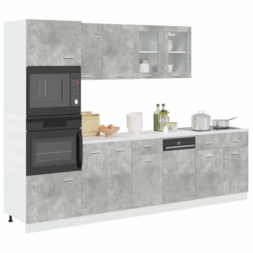 QUAHEAS Lot de 7 meubles de cuisine Lyon gris béton en bois avec armoire basse, armoire suspendue, armoire à micro-ondes, tiroir, panneau de lave-vaisselle pour salle à manger, garde-manger, bar à