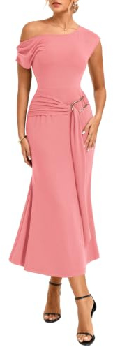 GRACE KARIN Womens Bodycon Maxi Party Dress with Asymmetric Cap Sleeves and Oblique Neck, Sash and Metal Decoration