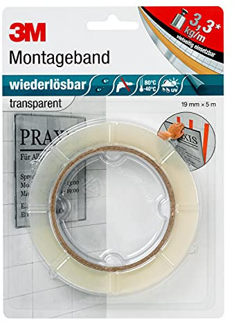 3M Wiederlösbares Montageband, doppelseitiges Klebeband für Innen- und Außenanwendungen, 19 mm x 5 m x 0,8 mm, transparent (1er Pack)