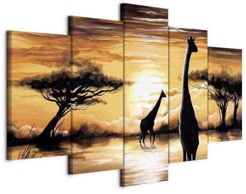 B&D XXL - Wandbilder XXL Afrika 200x100cm 5 tlg - Wand Deko Leinwand Bilder Groß Wanddeko Wohnzimmer Schlafzimmer Kunstdrucke - Savanne Sonnenuntergang Giraffe Natur wie gemalt