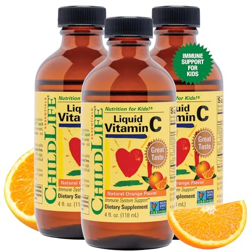 CHILDLIFE ESSENTIALS Liquid Vitamin C - Pure Vitamin C Liquid Supplement for Kids, Immune System Support, Great Taste - Natural Orange, 4 Fl Oz (Pack of 3)