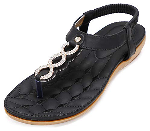 Amissz Womens Sandals Summer Flip Flops Thong Ladies Sandals Elastic T-Strap Bohemian Rhinestones Walking Sandals Beach Open Toe Shoes Black Size 5