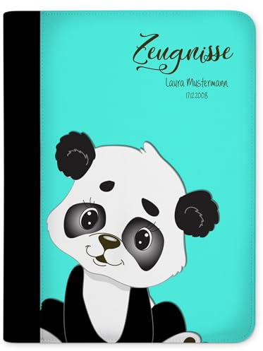CreaDesign Zeugnismappe A4 mit Namen personalisiert für Kinder – Panda Bär Türkis – Dokumentenmappe Schule ohne Klarsichthüllen