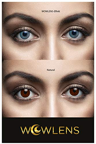 WOWLENS Sehr stark deckende und natürliche blaue Kontaktlinsen farbig DUBAI BLUE + Kontaktlinsenbehälter I 1 Paar (2 Stück) I DIA 14.00 I 0.00 Dioptrien I ohne Stärke I Eisblaue Dunkelblau