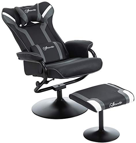 Vinsetto Relaxsessel mit Hocker, Fernsehsessel, Polstersessel im Spiel-Stil, Gamingstuhl mit Liegefunktion, 130° neigbar, für Videoraum, Freizeitraum, Schwarz+Grau, 67 x 82,5 x 103 cm