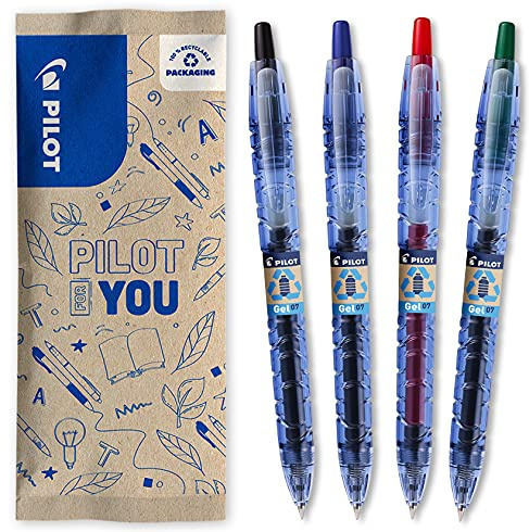 PILOT Bottle 2 Pen Gel 0.7, Gelschreiber, Hergestellt aus recyceltem Kunststoff (Schwarz, Blau, Rot, Grün), mittlere Spitze, 1 Stück (4er Pack)
