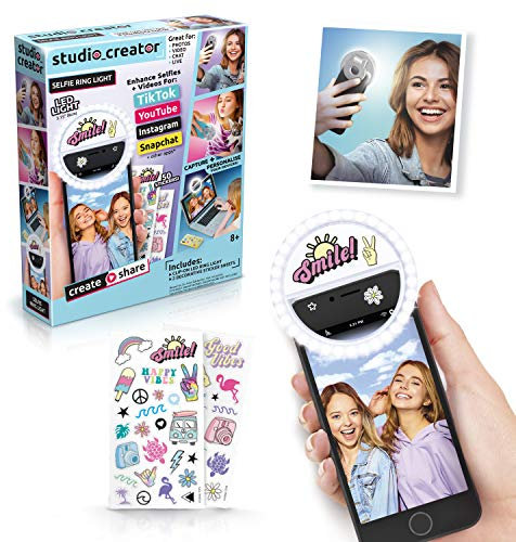 Canal Toys Anneau Lumineux à Selfie à Clipser sur téléphone/Ordinateur Portable/Tablette, 3 Modes d'éclairage, Personnalisable, avec Feuilles d'autocollants, à partir de 8 Ans, Blanc