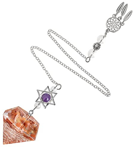 Nupuyai Reiki Healing Crystal Stone Point Pendulum for Dowsing/Meditation/Divination Energy Pendulum Pendant with Dream Catcher and Merkaba Star, Carnelian Crystal Stone