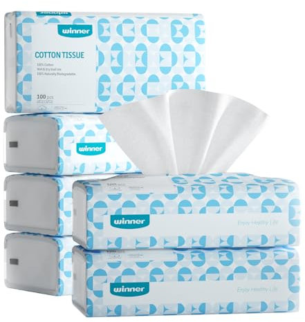 Winner Einweg-Gesichtstuch 600 Stück, Biologisch Abbaubares und Unparfümiertes 100% Baumwolltuch, Chemie und Plastikfreie Gesichtstücher, zum Abschminken, zur Hautreinigung, 20 x 20 cm, 6 Packung