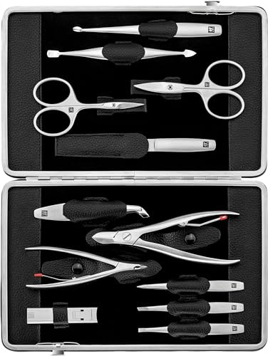 ZWILLING Maniküre-Set (12 teilig, Komplettset für umfassende Nagelpflege und Pediküre, Echtleder Rahmenetui), Premium, Schwarz