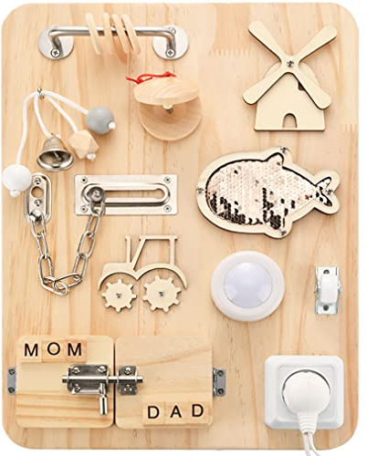 johgee Holz Montessori Busy Board für Kleinkinder, Montessori Spielzeug, Baby Pädagogisches Sensorik Spielzeug, Motorikbrett, Activity Board Lernspielzeug für Auto Flugzeug Reisen