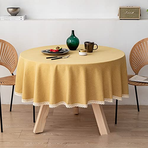 Ricemru Leinenoptik Tischdecke Landhausstil Rund Senfgelb mit Häkelkante Abwaschbar Elegant Boho Runde Gartentischdecke Tischwäsch Tischtuch Tafeldecke Innen Aussen,140cm