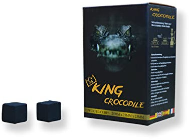 King Crocodile Carbón de coco con larga duración de combustión, 25 x 25 mm, carbón natural sostenible, pocas cenizas, baja emisión de humo, carbón para barbacoa, dados de carbón de calidad prémium