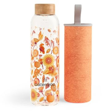 waterdrop® Glass Water Bottle 600ml – Water Flask with Bamboo Lid & Sleeve, Reusable Borosilicate Glass Flask, Leakproof, Ideal for Travel, Office, Gym, Home, BPA-free