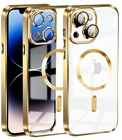 Cover Magnetica per iPhone 13, Custodia Compatibile con MagSafe, Protezione Antiurto di Livello Militare Telefono Silicone [Copertura della fotocamera], Oro Trasparente