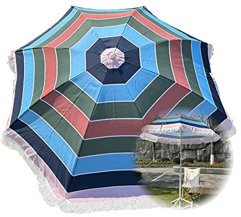 YFZNWHX Parasol De Plage Extérieur 2m, Parasol De Jardin Vintage avec Franges, UPF 50+, Abri Solaire Imperméable pour Jardin Extérieur, Parasol Rond Rayé Élégant, sans Base
