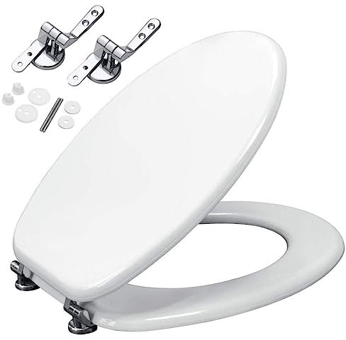 Sedile WC UNIVERSALE in legno MDF, Tavoletta copriwater Bianco con cerniere metalliche antiruggine incluse (Forma Ovale)