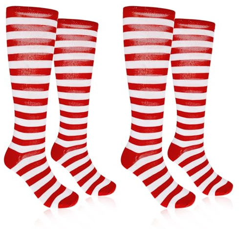 Lusofie Knee High Socks for Women - 2 Pairs Red White Striped Thigh High Stockings | Cosy Christmas, Elf & Festive Novelty Party Socks