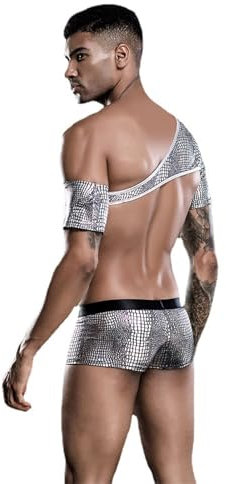 Duohropke Herren Sexy Kostüm Dessous Set Polizei Detektiv Anzug schwarz Lackleder Nettogarn Spleißen Herren sexy Unterwäsche Anzug