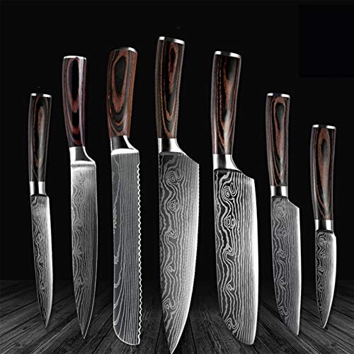 ECLAYA Couteau de cuisine Set Lames en acier inoxydable Damas Motif chef Couteau à éplucher cuisine Ustensiles de cuisine (Color : 7 piece set)